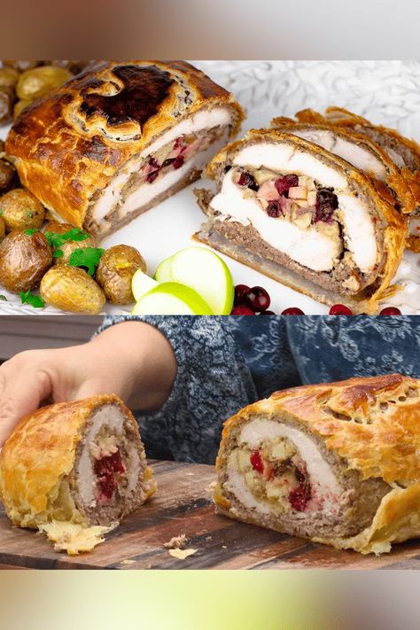 This Turkey Wellington is about to take your taste buds on a sleigh ride of epic proportions. #Festive #Christmas #Holiday #Recipes Turkey Wellington Recipe, Turkey Wellington, Turkey Rolls, Turkey Roulade, Christmas Turkey Recipes, Vegan Turkey, Christmas Holiday Recipes, Wellington Recipe, Herb Roasted Turkey