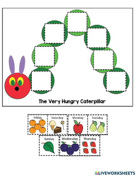 Fractions Kindergarten, Spring Math Activities Preschool, Very Hungry Caterpillar Worksheets, Caterpillar Worksheets, Hungry Caterpillar Games, Caterpillar Craft Preschool, Very Hungry Caterpillar Printables, Caterpillar Activity, Hungry Caterpillar Food