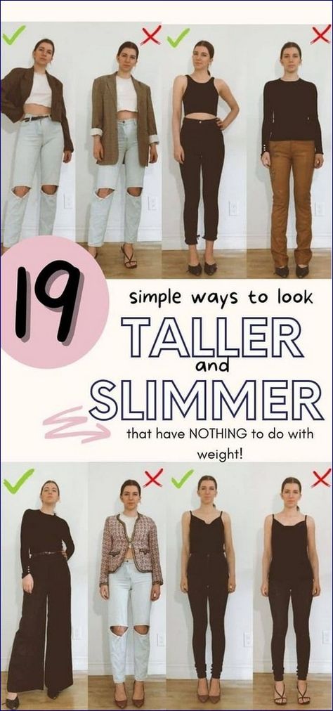 How to Dress to Look Thinner: 23 Slimming Fashion Tips That Work! Outfits For A Short Torso, How To Dress Taller, 5’1 Height Women Outfit, How To Make Legs Look Longer, Endomorph Outfits Women, Poses To Look Taller And Thinner, How To Look Taller Outfits, Short Waisted Fashion Tips, Petite Fashion Tips Short Girls Outfit