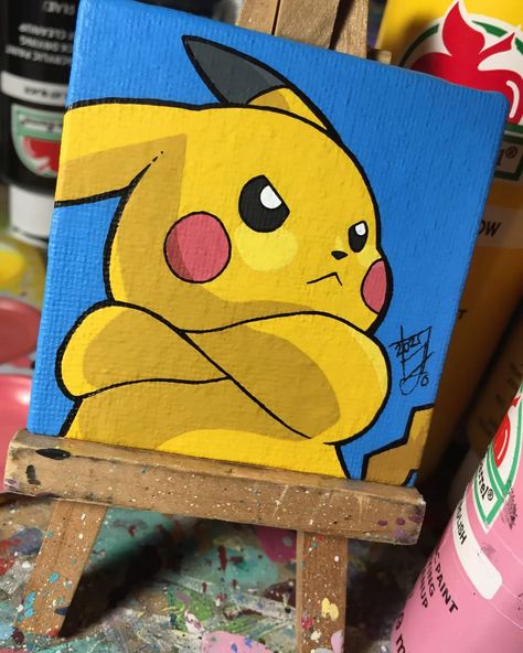 Draw Canvas Ideas, Cute Paintings Cartoon, Pikachu Painting Easy, Simple Pokemon Painting, Anime Painting Acrylic Easy, Pokemon Art Projects, Pokemon Canvas Art, Anime Canvas Art Paint Easy, Pokémon Painting Ideas