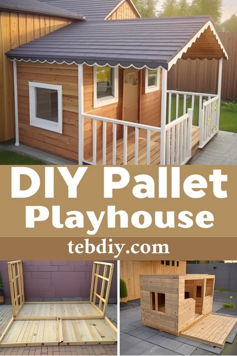 Cheap DIY Pallet Playhouse Project For Little Girls Diy Palette Playhouse, Playhouse Pallets Diy, Cubby House Diy, Diy Kids Playhouse Outdoor Easy, Shed Into Playhouse, Pallet Playhouse Diy Easy, Diy Pallet Playhouse, Playhouse Plans Diy, Diy Outdoor Playhouse