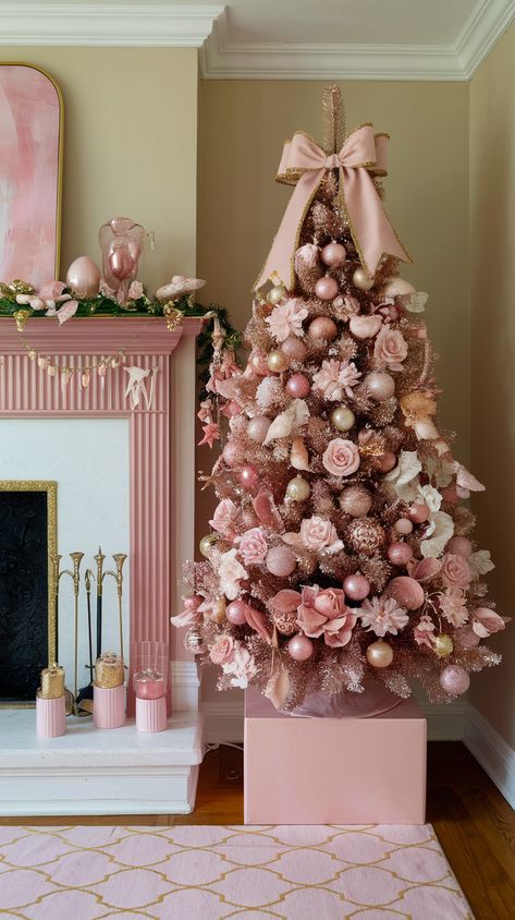 a beautiful living room with a christmas tree decorated with rose gold ornaments and bows. Pink Chirstmas Tree, Rose Gold Theme Christmas Tree, Rose Gold White Christmas Tree, Christmas Decor Pink And Gold, Pink Red And White Christmas Tree Decor, Pink Tree Ideas, Lavender Christmas Decor, Pink Garland Christmas, Pink Xmas Tree Decorating Ideas