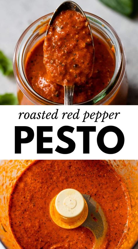 This easy Red Pepper Pesto is rich, smoky, and sweet, making it fantastic on everything! Use it as a pasta sauce, a topping for pizza, salad dressing, and so much more. Red Pepper Mushroom Recipes, Bell Pepper Pesto Recipe, Roasted Red Pepper Pesto Recipes, Red Pepper Pasta Salad, Roasted Red Pepper Vinaigrette, Smoked Pepper Sauce, Roasted Red Peppers Sauce, Pesto And Marinara Pasta, Red Pepper Pesto Pasta