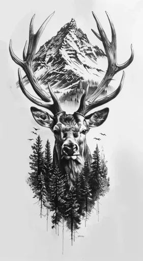 ↑↑↑ Larger size on website 🔸 The image is a black and white pencil drawing of a deer's head with large antlers. The antlers are f 🔸 From Midjourney AI Image Deer With Mountains Tattoo, Antler Sleeve Tattoo, Womens Hunting Tattoos, Deer Mountain Tattoo, Deer Forest Tattoo, Deer Horn Tattoo, Drawings Of Deer, Deer Tattoo Design, Drawing Of A Deer