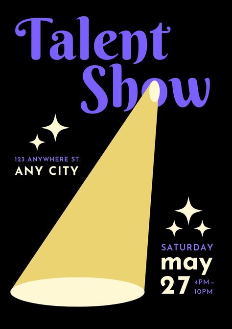 Black Illustration Event Talent Show Flyer #canva #canvastemplate #canvatemplate Talent Show Template, Events Poster Ideas, Flyer Inspo Poster Designs, Talent Show Graphic Design, Poster For Event Ideas, Poster For An Event, Met Gala Poster Design, School Event Poster Design, Live Show Poster