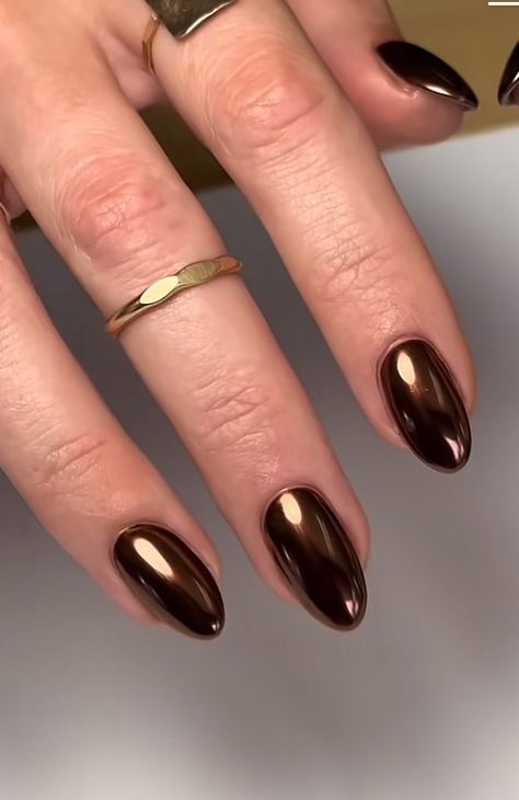 Bronze Glazed Nails, Brown Nails Gold Accent, Chrome Nail Swatches, Mocha Brown Chrome Nails, Brown Sugar Spice Nails, Cute Nails With Chrome, Fall Nail Ideas Chrome, Fall Nail Inspo Chrome, Dark Color Chrome Nails