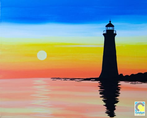 Lighthouse Silhouette Paint and Sip Party Lighthouse Canvas Painting, Shilloute Art, Silhouette Paint, Lighthouse Silhouette, Paint And Sip Ideas, Shadow Painting, Lighthouse Painting, Wine Painting, Sip And Paint