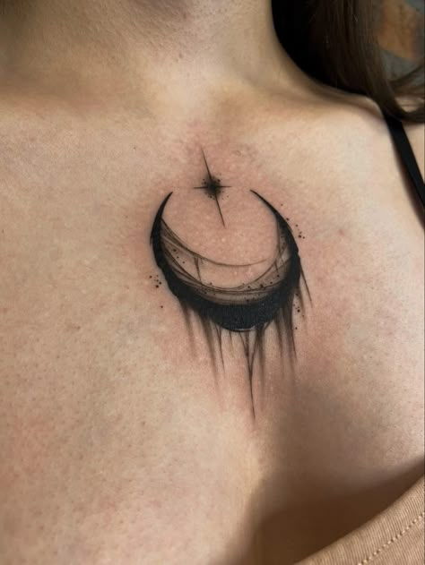 Witchy Bat Tattoo Ideas, Moon Throat Tattoos Women, Witchy Dark Tattoo, Moon Tattoo On Chest Women, Goth Witchy Tattoos, Crescent Moon Neck Tattoo, Moon On Chest Tattoo, Witch Tattoo Chest, Crescent Moon Chest Tattoo Female