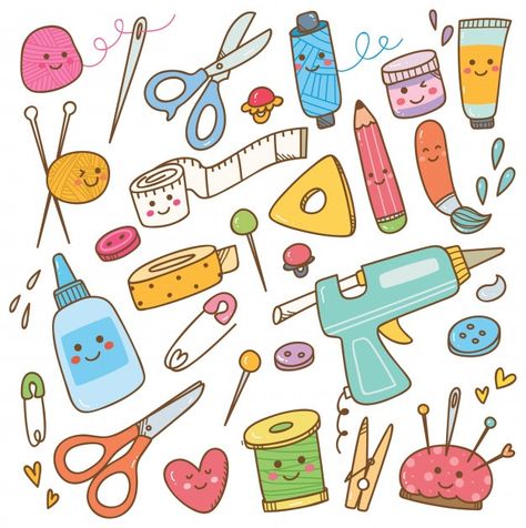 Art and craft supplies doodle, diy tools... | Premium Vector #Freepik #vector #vintage #hand #fashion #button Art Supply Doodles, Arts And Crafts Drawing, Crochet Drawing, Tool Illustration, Art And Craft Images, Arts Doodle, Craft Illustration, Idee Cricut, Craft Logo