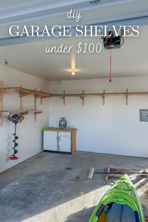 Build quick, simple, budget friendly DIY garage shelves that mount directly to the wall and don't intrude on floorspace. For under $100! Diy Wood Hanging Shelves Garage, Diy Garage Shelves Wall Shelves, Easy Garage Shelves Diy, Diy Garage Wall Shelves, Small Garage Design Ideas, Garage Wall Shelving Ideas, Floating Garage Shelves, Garage Shelves Diy Wall Mounted, Build A Garage On A Budget