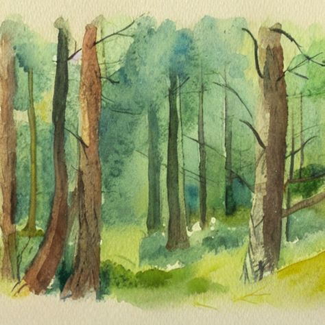 A watercolor drawing of a simple landscape of a forest or woodland Watercolor Painting Forest, Forest Watercolor Painting Easy, Woods Drawing Forests, Easy Forest Drawings, Simple Forest Drawing, Forest Drawing Simple, Easy Watercolor Drawing, Forest Landscape Drawing, Drawing Of A Forest