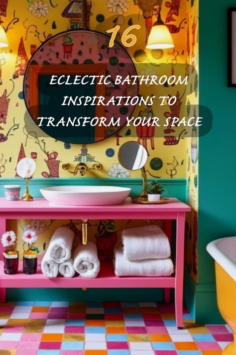 Dive into a world of vibrant colors and unique designs that can completely change your bathroom's vibe! In this post, I explore 16 eclectic bathroom inspirations that beautifully blend fun and functionality. From bold wallpapers to quirky vanities, discover how to create a space that’s both stylish and expressive. Let's make your bathroom a true reflection of your personality! Maximalist Powder Room Ideas, Bright Maximalist Decor Bathroom, Colorful Maximalist Bathroom, Funky Bathroom Design, Fun Guest Bathroom Ideas, Kitschy Bathroom, Maximalist Decor Bathroom, Eclectic Bathroom Ideas, Funky Bathrooms