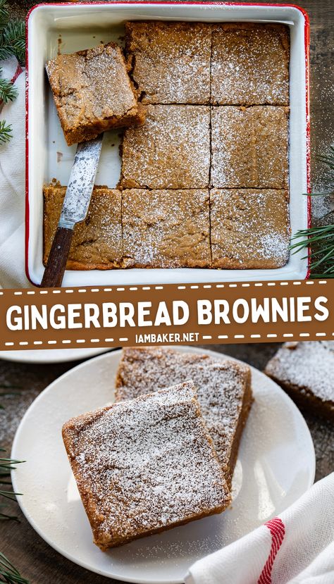 one image shows a pan of gingerbread brownies cut into nine pieces, with one removed, and a wood handled knife in the pan. The second image shows two gingerbread brownies on a white plate with another brownie behind it. Christmas Meal Desserts, Christmas Desserts Bars, New Bakery Ideas, Autumn Sweet Treats, Gingerbread Recipes Cookie, Ginger Bread Dessert Ideas, Unique Easy Dessert Recipes, Chewy Bars Recipe, Advent Food Ideas