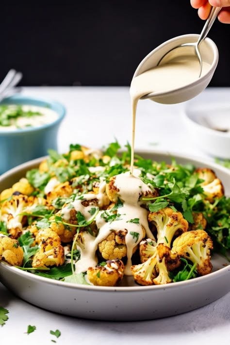 Lebanese Roasted Cauliflower with Tahini Sauce - Cooking Mediterranean Veggie Mediterranean Recipes, Healthy Vegetable Recipes Dinners, Turkish Side Dishes, Mediterranean Vegetable Recipes, Mediterranean Recipes Vegetarian, Cauliflower Tahini Salad, Vegetarian Wedding Food, Mediterranean Dinner Ideas, Mediterranean Entrees