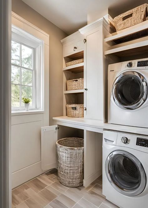 30 Smart Space-Saving Laundry Room Layout Ideas for Any Home 15 Full Bath And Laundry Room Combo, Small Laundry Room Layout Ideas, Laundry Room Layout Floor Plans, Tiny House Laundry, Bath Laundry Combo, Laundry Room Layout Ideas, Small Laundry Room Design Ideas, Laundry Room Layout, Small Laundry Closet