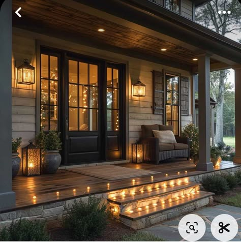 Timber Porch Ideas, Back Porch Design, Small Front Porch Decorating Ideas, Small Porch Decorating Ideas, Entrance Apartment, Whimsical Lighting, Apartment Front, Small Porch Ideas, Easy Thanksgiving Table Decor