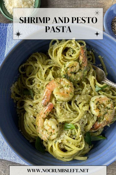 Shrimp and Pesto Pasta Pesto Shrimp Fettuccine, Pesto With Shrimp And Pasta, Shrimp And Pesto Recipes, Shrimp And Pesto Pasta, Shrimp Pesto Pasta Recipes, Pesto Pasta Shrimp, Pesto Fettucini, Simple Shrimp Pasta, Shrimp And Pesto