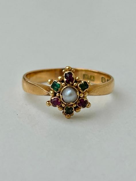 Georgian Ruby, Emerald and Pearl Yellow Gold Cluster Ring. Sweet and dainty antique cluster ring. Georgian Rings Antique, Indian Engagement Ring, Ren Faire Ideas, Vintage Indian Jewelry, Pearl Cluster Ring, Georgian Ring, Eat Drink And Be Married, Indian Rings, Vintage Jewelry Antique