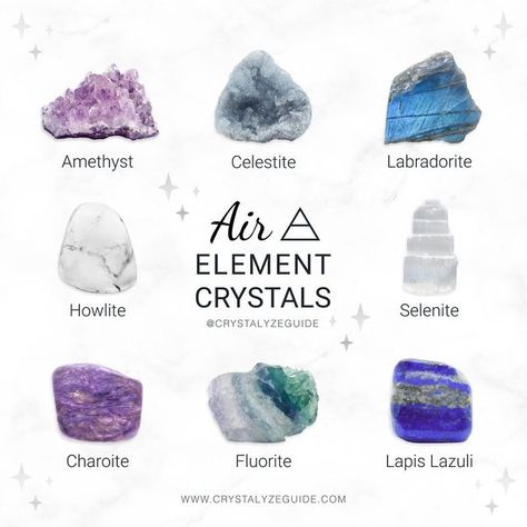 ✨ 𝐂 𝐑 𝐘 𝐒 𝐓 𝐀 𝐋 𝐘 𝐙 𝐄 ✨ on Instagram: "🌬️ 𝐀𝐢𝐫 𝐄𝐥𝐞𝐦𝐞𝐧𝐭 𝐂𝐫𝐲𝐬𝐭𝐚𝐥𝐬 » Amethyst : Calm | Intuition | Protection » Celestite : Peace | Angelic Communication | Calm » Labradorite : Transformation | | Magic » Howlite : Patience | Intuition | Calm » Selenite : Spiritual & Personal Growth | Cleansing » Charoite : Transformation | Clarity | Guidance » Fluorite : Balance | Clarity | Focus » Lapis Lazuli : Intuition | Clarity | Communication 🌀 Air Element Crystals are based on cr Air Element Crystals, Air Crystals, Elemental Crystals, Elemental Magick, Crystal Kits, Healing Crystals For You, Crystals Amethyst, Air Element, 4 Elements