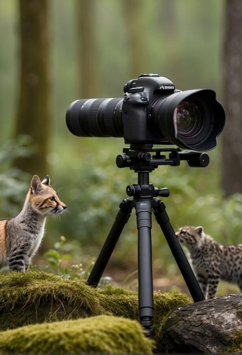 A camera mounted on a tripod in a forest setting with two curious kittens observing it, one looking through the viewfinder. Wildlife Photographer Aesthetic, Wildlife Photography Aesthetic, Habitat Photography, Wildlife Photography Camera, Wildlife Photography Tips, Environment Photography, Forest Setting, 2025 Mood, Photography Wildlife