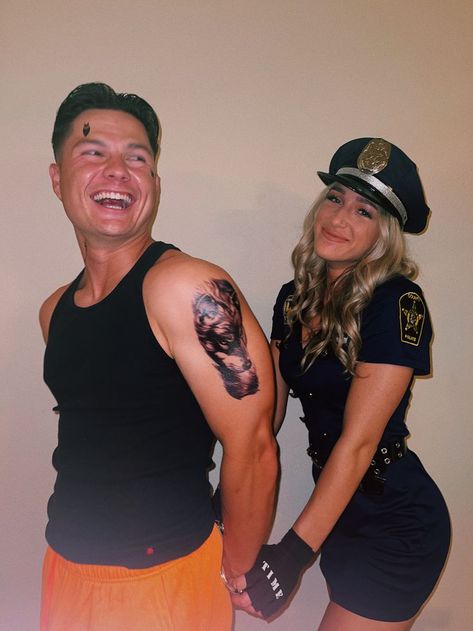 Police Officer Costume Couple, Police Offer Costume, Cop And Convict Couple Costume, Couple Halloween Cop And Inmate, Police Officer And Prisoner Costume Couple, Cops Robbers Costume, Homemade Cop Costume, Cop Couple Halloween Costumes, Halloween Cop And Prisoner