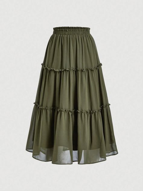 SHEIN MOD Solid Frill Trim Ruffle Hem SkirtI discovered amazing products on SHEIN.com, come check them out! Green Tiered Skirt, Long Skirt Casual, Skater Outfits, Ruffle Hem Skirt, Textured Skirt, Rock Outfit, Long Gowns, Modest Dresses Casual, Skirts Midi High Waisted