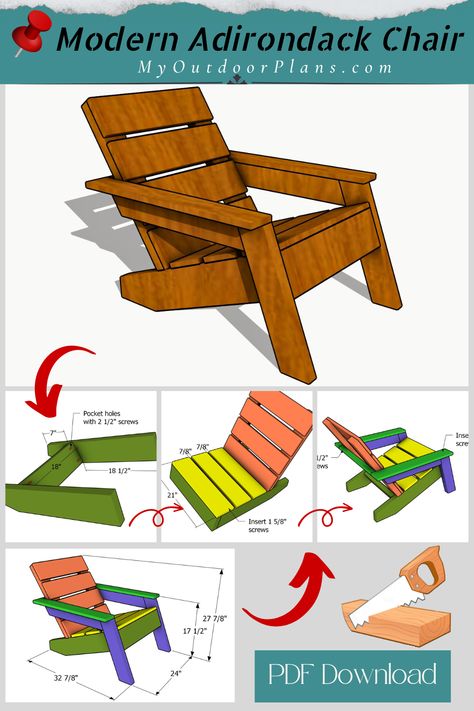 Modern Adirondack Chair – Free Plans | MyOutdoorPlans Modern Adirondack Chair Plans, Free Outdoor Furniture Plans, Farmhouse Bench Plans, Diy Adirondack Chair Plans, Garden Chair Plans, Adirondak Chairs, Adirondack Chairs Diy, Build Outdoor Furniture, Garden Bench Plans