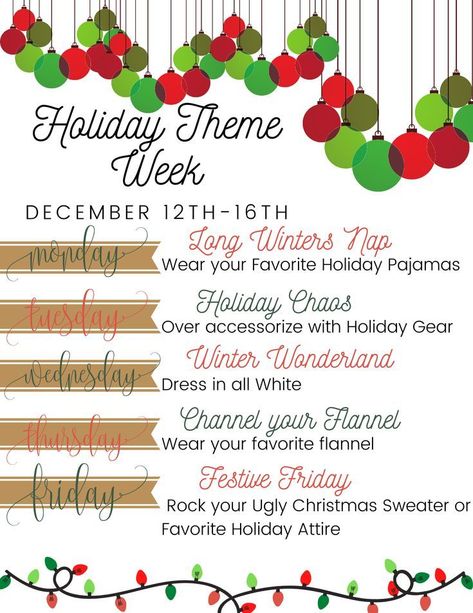 Get into the festive spirit with our engaging Christmas Spirit Week Ideas for School and Work Events! Delight your students and colleagues with creative themes like Christmas Spirit Days, Office Christmas Themes, and Preschool Spirit Week activities. Instantly download fun ideas that boost camaraderie and holiday cheer! Perfect for every workplace and classroom. Elevate your holiday celebrations now!   #ChristmasSpiritDays #ChristmasWorkThemeDays #HolidaySpiritWeek Work Holiday Spirit Week Ideas, Christmas School Event Ideas, Winter Theme Days For School, Christmas Work Theme Days, Christmas Spirit Week School, Christmas Spirit Days School, Holiday Spirit Week Ideas School, Christmas Spirit Week Ideas For Daycare, Christmas Themed Spirit Week