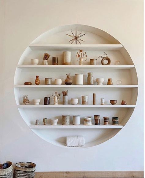 Perfect circle built in shelving. Awesome! Arch In Wall Built Ins, Arch Wall Niche, Bali House Interior, Arched Wall Niche, Circle Wall Shelf, Built In Wall Shelves, Houston Murals, Old Medicine Cabinets, Niche Shelves