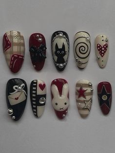 Handmade Press On Nails, Aesthetic Press On Nails, Vintage Nail Art, Bunny Aesthetic, Bunny Nails, Hippie Nails, Punk Nails, Vintage Nails, Acrylic Press On Nails