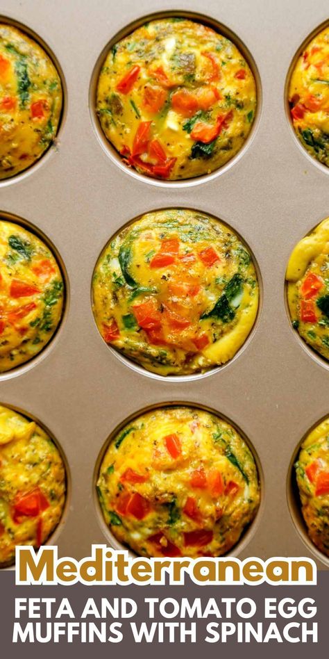 These egg muffins are simple to make and bursting with fresh flavor. They feature Greek feta, ripe tomatoes, and herbs, making them perfect for any weekend brunch or make-ahead breakfast. #eggmuffins #breakfast #glutenfree #cleaneating #healthybreakfast Mediterranean Diet Omlet, Mediterranean Breakfast Egg Muffins, Mediterranean Breakfast On The Go, Mediterranean Diet Frittata Recipes, Mediterranean Recipes Breakfast Mornings, Quick Mediterranean Breakfast Ideas, Mediterranean Omelette Recipes, Breakfast Brunch Recipes For A Crowd, Mediterranean Breakfast Diet Recipes