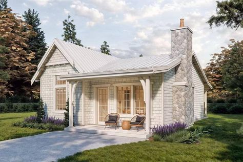 Front-right view with a covered entry porch and a stone chimney. Tiny Homes Interior, Country Cottage House, Country Cottage House Plans, Tiny Home Decor, Granny Pods, Small Cottage House, Small Cottage House Plans, Backyard Cottage, Cottage House Plan