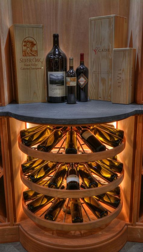 rotating wine bottle storage Round Wine Rack, Rotating Wine Rack, Corner Wine Storage, Wine Cellars Ideas, Wine Display Ideas, Wine Cellar Room, Modern Wall Wine Rack, Wine Storage Ideas, Wine Cellar Closet