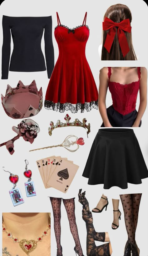 Queen If Hearts Costume Diy, Womens Queen Of Hearts Costume Diy, Halloween Costumes Queen Of Hearts Diy, Queen Of Hearts Costume Accessories, Modern Queen Of Hearts Costume, Queen Of Clubs Costume, Queen Of Hearts Costume Ideas Diy, Halloween Costumes Alice In Wonderland Queen Of Hearts, Costume Ideas With Red Dress