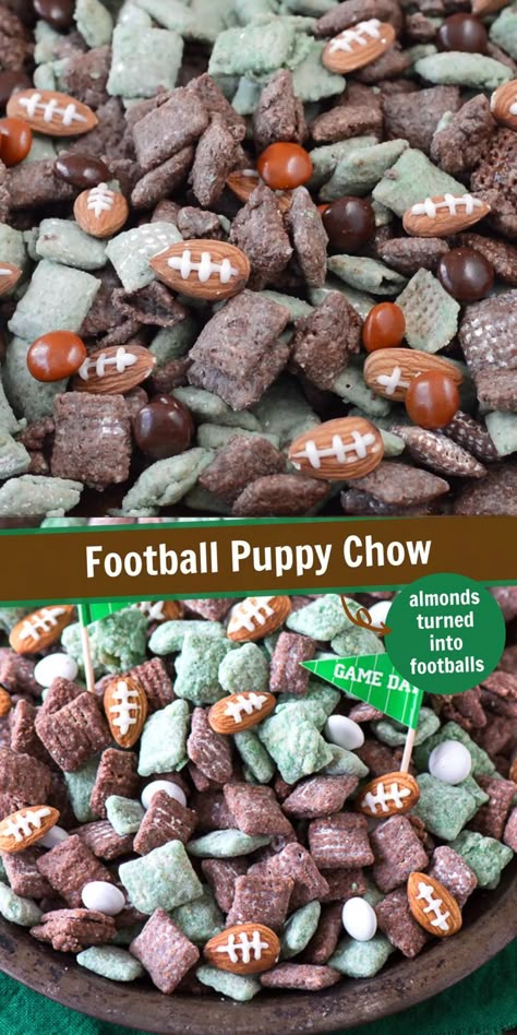 Football Puppy Chow Football Desserts, Bowl Desserts, Super Bowl Snack, Football Treats, Superbowl Desserts, Super Bowl Ideas, Football Party Foods, Super Bowl Snacks, Football Party Ideas