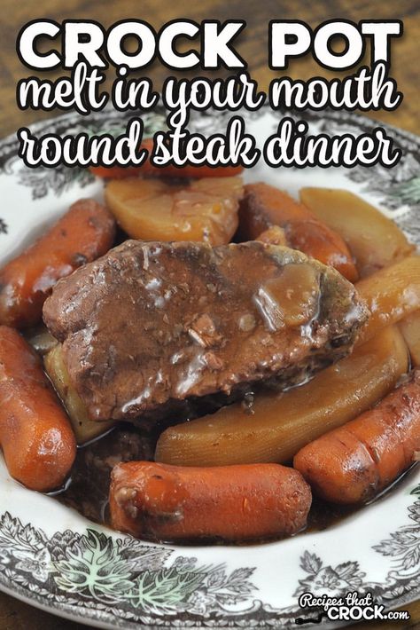 This delicious Melt In Your Mouth Crock Pot Round Steak Dinner recipe cooks all day and has your meat and veggies all in one pot! Slow Cooker Bottom Round Steak, Bottom Round Recipes Crock Pot, Round Steak Slow Cooker Recipes, Bone In Round Steak Recipes, Tenderized Round Steak Recipes Crockpot Slow Cooker, Beef Bottom Round Steak Recipes Crockpot, Deer Round Steak Recipes, Top Round Steak Crockpot Recipes, Round Steak Recipes Crock Pot Crockpot