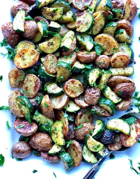 Roasted Potatoes and Zucchini - The Menu Maid Roasted Potatoes And Zucchini, Squash And Potatoes, Oven Roasted Squash, Potatoes And Zucchini, Roasted Zucchini And Squash, Baked Red Potatoes, Oven Roasted Zucchini, Zucchini In The Oven, Sides Potatoes