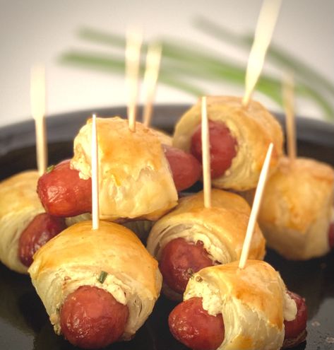 Pigs In A Blanket Puff Pastry, Cocktail Hotdogs, Pepperidge Farm Puff Pastry, Smoked Cocktails, Prepared Horseradish, Tea Food, Pastry Sheets, Vintage Cooking, Pigs In A Blanket