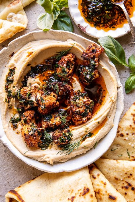 Roasted Cauliflower Hummus, Crispy Roasted Cauliflower, Cauliflower Hummus, Half Baked Harvest Recipes, Harvest Recipes, Homemade Hummus, Half Baked, Half Baked Harvest, Hummus Recipe