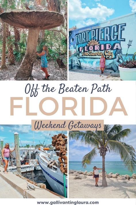 Four images, top left to right: girl with a blue dress standing underneath a giant mushroom, girl standing in a pink dress against a colourful mural wall that reads 'Fort Pierce Florida, The Sunrise City'. Bottom left to right: girl standing next to a sponge boat at the dock, girl standing underneath a palm tree looking down with the blue sea in the background Florida Day Trips With Kids, Hidden Gems Florida, Unique Places In Florida, Southern Florida Vacation, Florida On A Tank Full, Day Trips Florida, Florida Trip Ideas, Cool Places To Visit In Florida, Florida Hidden Gems Places To Visit