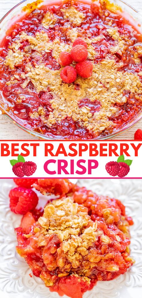 Easy Raspberry Crisp - Fresh raspberries topped with a buttery oatmeal and brown sugar crumble are the PERFECT combination! Baked to bubbly, juicy perfection and served with whipped cream or vanilla ice cream, this is a FAST and EASY summer dessert that everyone LOVES! Peach Raspberry Crisp, Brown Sugar Crumble Topping, Raspberry Crisp, Fruit Crisp Recipe, Fast Easy Desserts, Raspberry Crumble, Easy Summer Dessert, Peach Raspberry, Blueberry Crisp