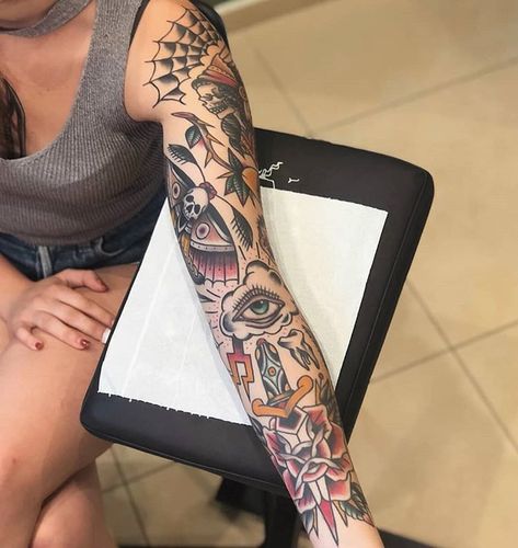 Old School Tattoo Sleeve, Tattoo Arm Sleeve, Traditional Style Tattoo, Traditional Sleeve, Traditional Tattoo Sleeve, Tattoo Old School, Traditional Ink, Sleeve Ideas, Tattoo Arm