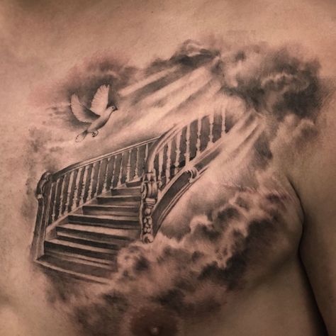 Chronic Ink tattoo Kchen realism-tattoo Stairway to heaven #tattooideas #chesttattoos Haven Tattoo, Staircase Tattoo, Stairs To Heaven Tattoo, Stairway To Heaven Tattoo, Religious Tattoo Sleeves, Heaven Tattoo, Unique Half Sleeve Tattoos, Stairs To Heaven, Heaven Tattoos