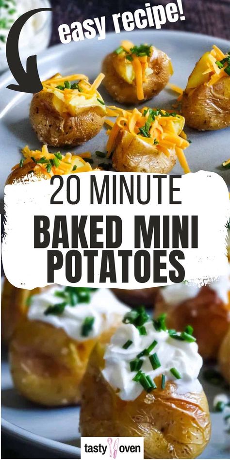 Mini Baked Potatoes make a great kid-friendly side dish for holidays, parties, game day and weeknight dinners! Mini Bake Potatoes, Ways To Cook Mini Potatoes, Loaded Mini Baked Potatoes, Small Twice Baked Potatoes, Kid Friendly Potato Recipes, Mini Loaded Baked Potato, Baby Potato Appetizers, Mini Jacket Potatoes, Mini Baked Potatoes