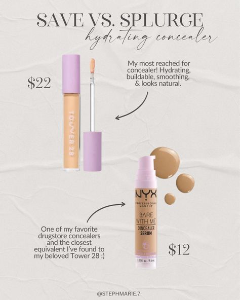 Save vs Splurge - hydrating concealer Tower 28 vs NYX Nyx Serum Concealer, Hydrating Concealer Drugstore, Nyx Bare With Me Concealer Serum, Nyx Cant Stop Wont Stop Concealer, Nyx Hd Concealer, Nyx Cant Stop Wont Stop Foundation, Drugstore Concealer, Hydrating Serum, Nyx Professional Makeup