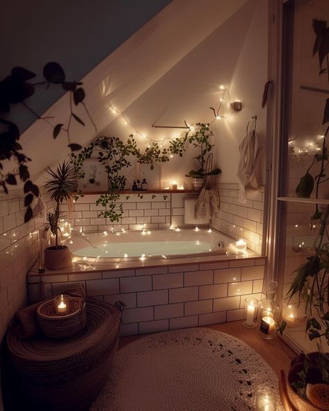 Hygge Bathroom Ideas, Bedroom Back Wall Design, Bedroom Back Wall, Tub Decorating Ideas, Back Wall Design, Uni Bedroom, Cozy Bath, Crystal Bathroom, House Bedroom Ideas