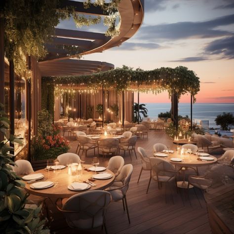 An impressive restaurant design, modern and minimally designed, with interior garden, sea view Restaurant Pool Design, Costal Restaurant Interior Design, Restaurant With A View, Poolside Restaurant, Luxury Resort Interior, Restaurant By The Sea, Tropical Restaurant, Forest Restaurant, Sea Restaurant