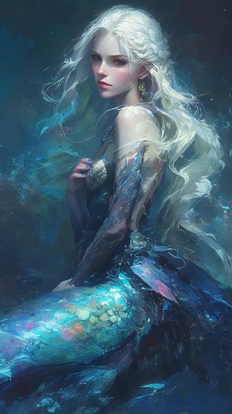 Surreal Mermaid Art, Mermaid Character Inspiration, Sirens Fantasy Art, White Haired Mermaid, Water Fairy Art, Mermaid Character Art, Sirene Aesthetic, Siren Fantasy Art, Mermaid Oc Art