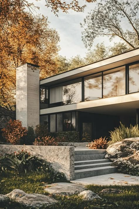 Mid Century House Exterior, Moody Exterior, Mid Century Modern House Design, Mcm Exterior, Mid Century Modern Houses, Exterior Aesthetic, Architecture 101, Mid Century Modern Exterior, House Design Inspiration