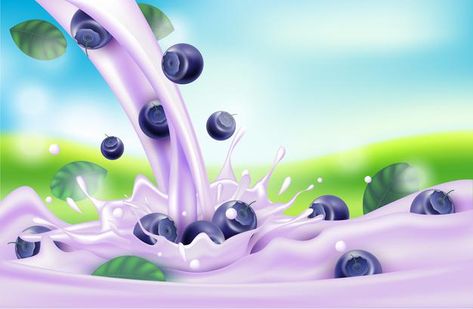 Fruit Forest, Blueberry Milk, Milk Splash, Milk Flow, Fruit Picture, Vector Food, Fruit Illustration, Fruit Cocktails, Bottle Packaging